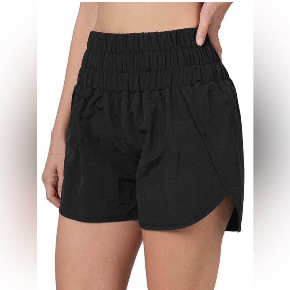 NWT! Black Athletic Windbreaker Smocked High Waistband Running Shorts